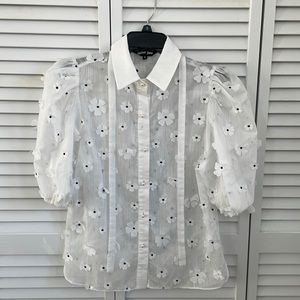 Sister Jane Tie Neck Blouse with Puff Sleeves and Floral Appliqué